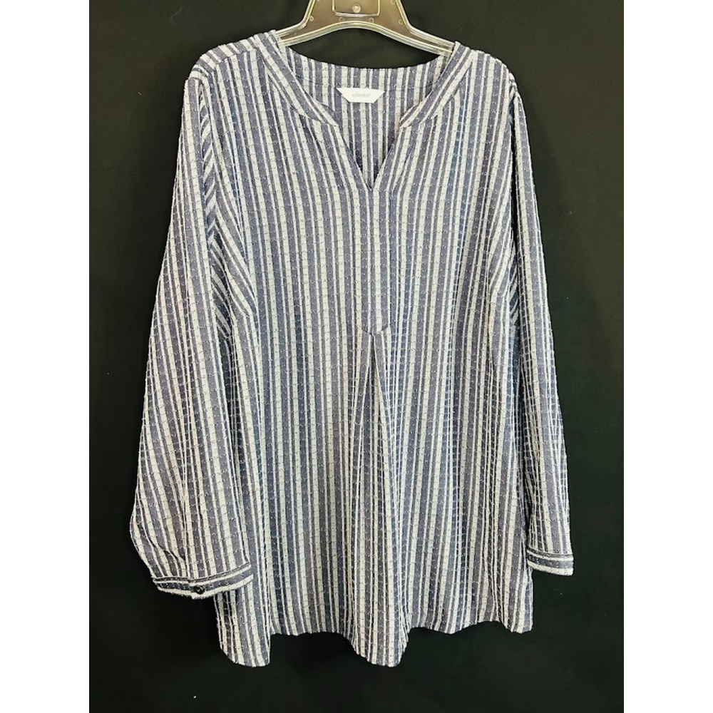 CJ Banks Vertical Striped Lightly Textured V-Neck Top Tunic Pockets Plus 2X 3X